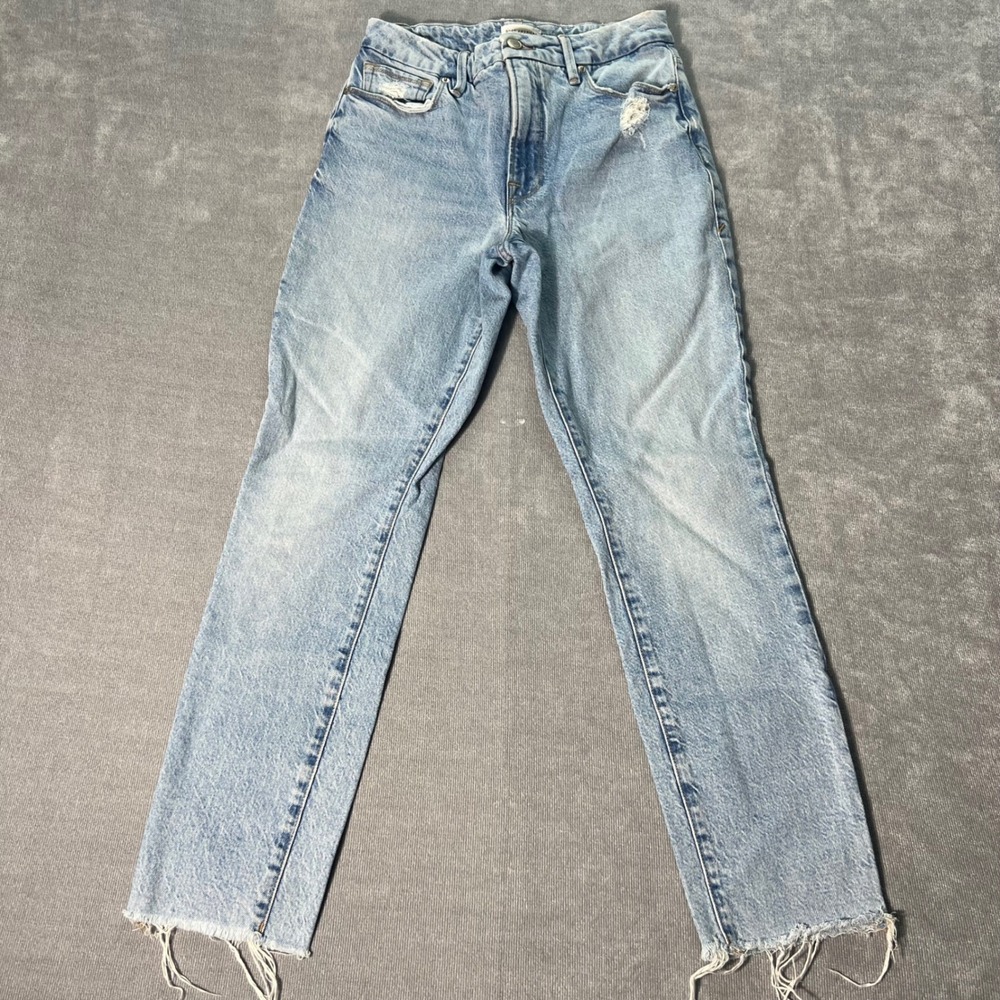 Good American High Rise Straight Leg Distressed Raw Hem Jeans Light Size 4/27